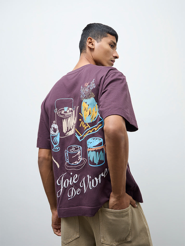 Nuon Purple Printed Relaxed-Fit Cotton T-Shirt