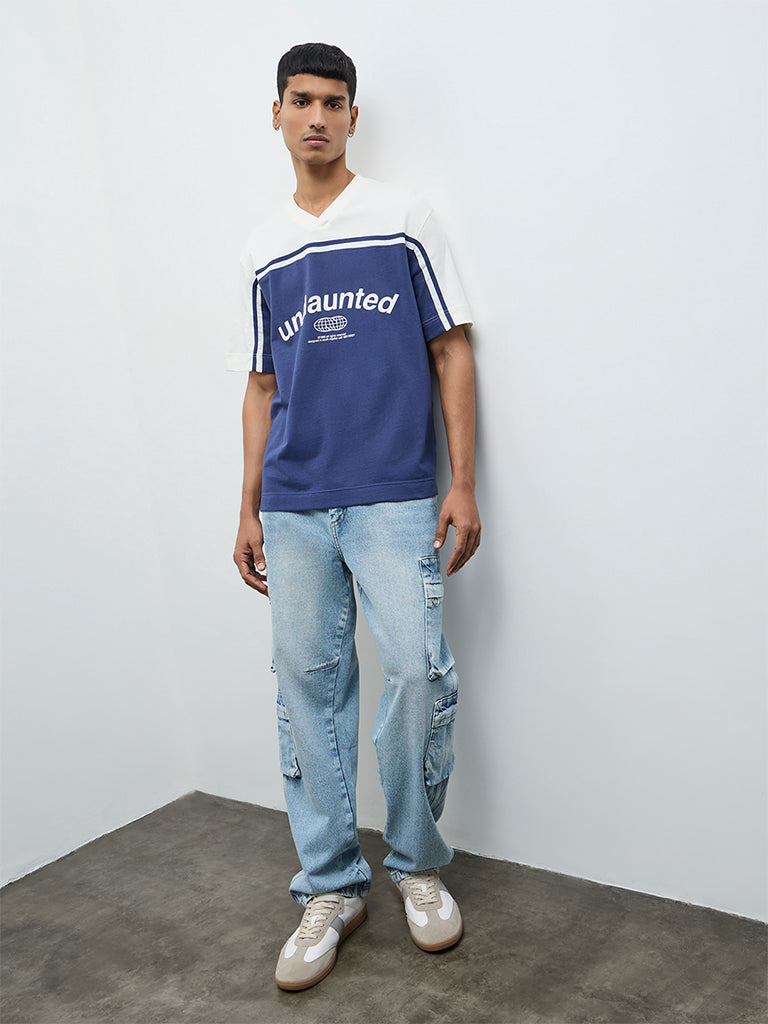 Nuon Blue Printed Relaxed-Fit Cotton T-Shirt