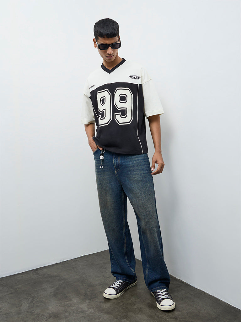 Nuon Black Numerical Printed Relaxed-Fit Cotton T-Shirt