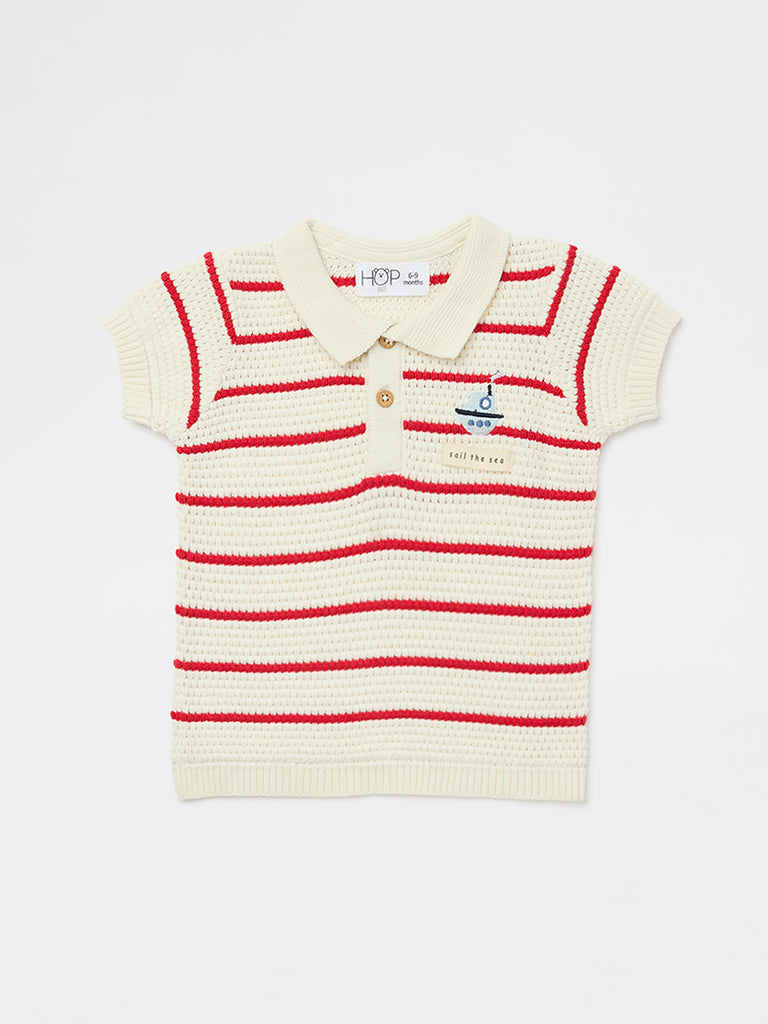 HOP Baby Boys Off-White Striped Cotton Sweater