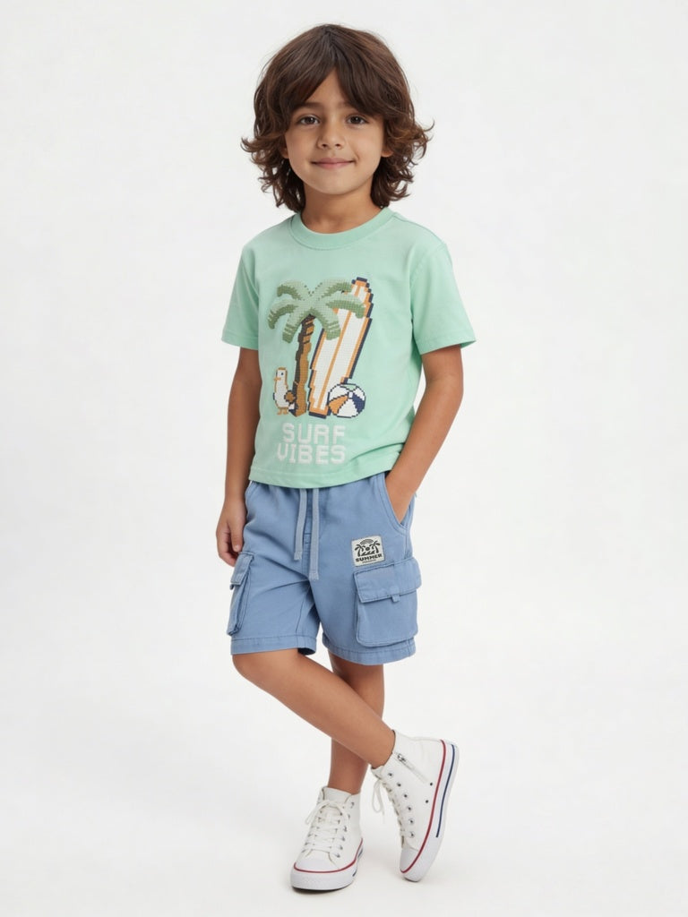 HOP Kids Boys Blue Mid-Rise Cotton Cargo Shorts