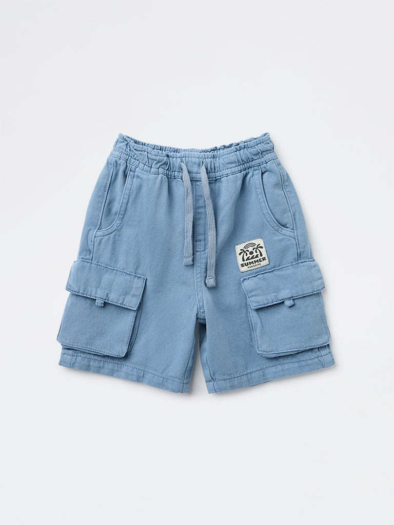 HOP Kids Boys Blue Mid-Rise Cotton Cargo Shorts