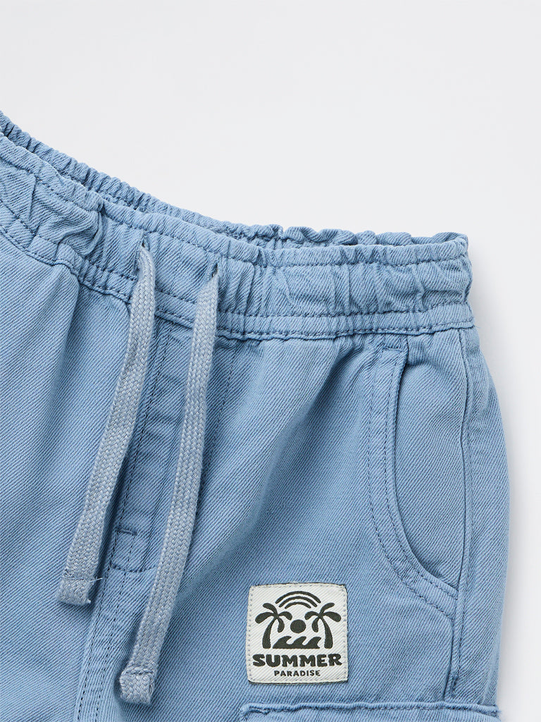 HOP Kids Boys Blue Mid-Rise Cotton Cargo Shorts