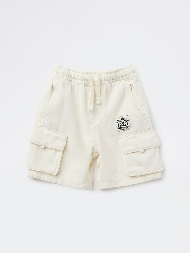 HOP Kids Boys Off-White Mid-Rise Cotton Cargo Shorts