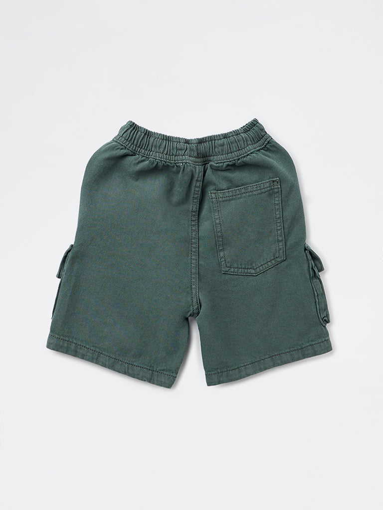 HOP Kids Boys Olive Mid-Rise Cotton Cargo Shorts