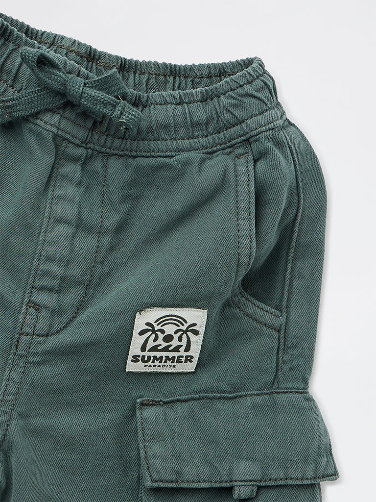 HOP Kids Boys Olive Mid-Rise Cotton Cargo Shorts