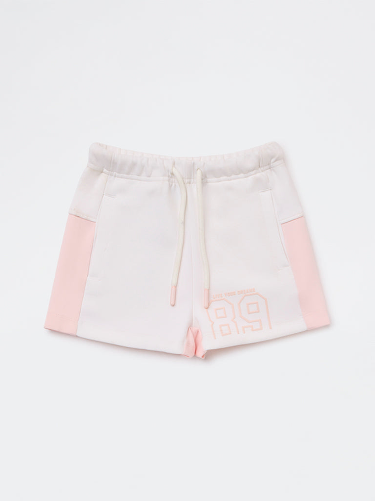 HOP Kids Girls Off-White Numerical Printed High-Rise Shorts
