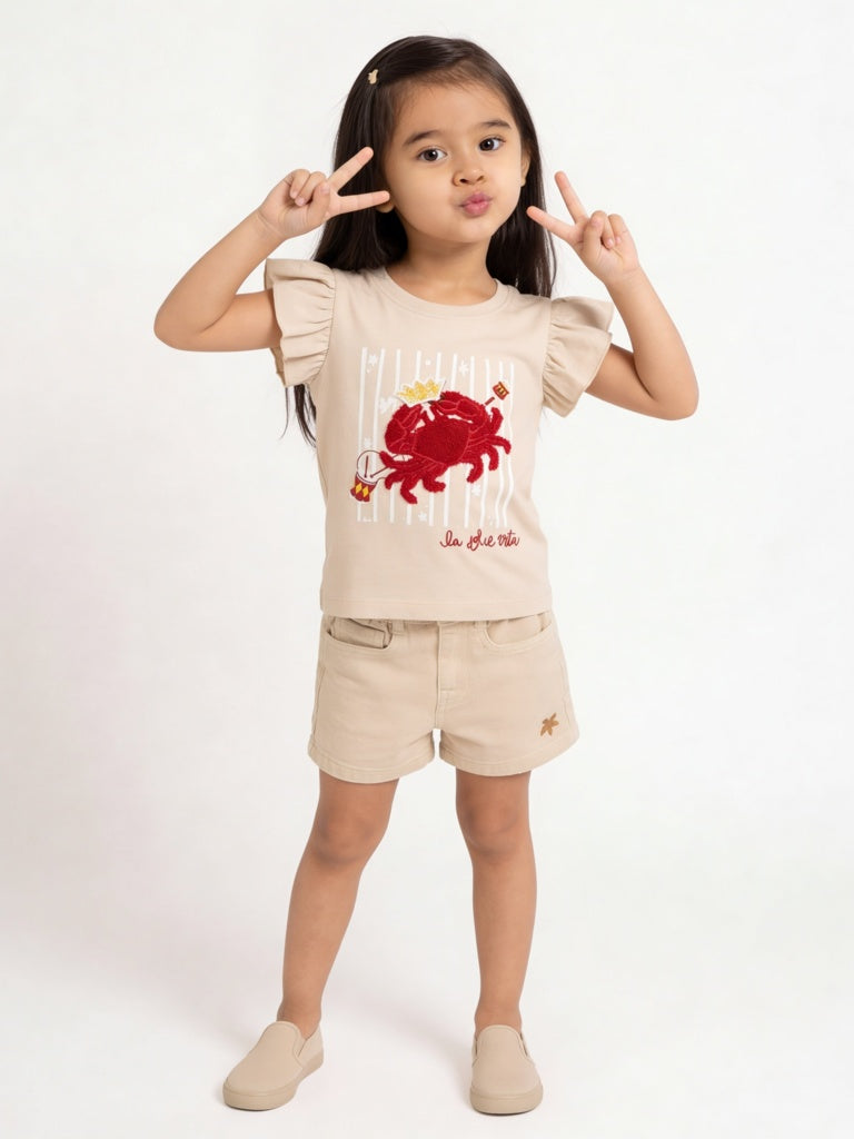 HOP Kids Girls Beige High-Rise Denim Shorts
