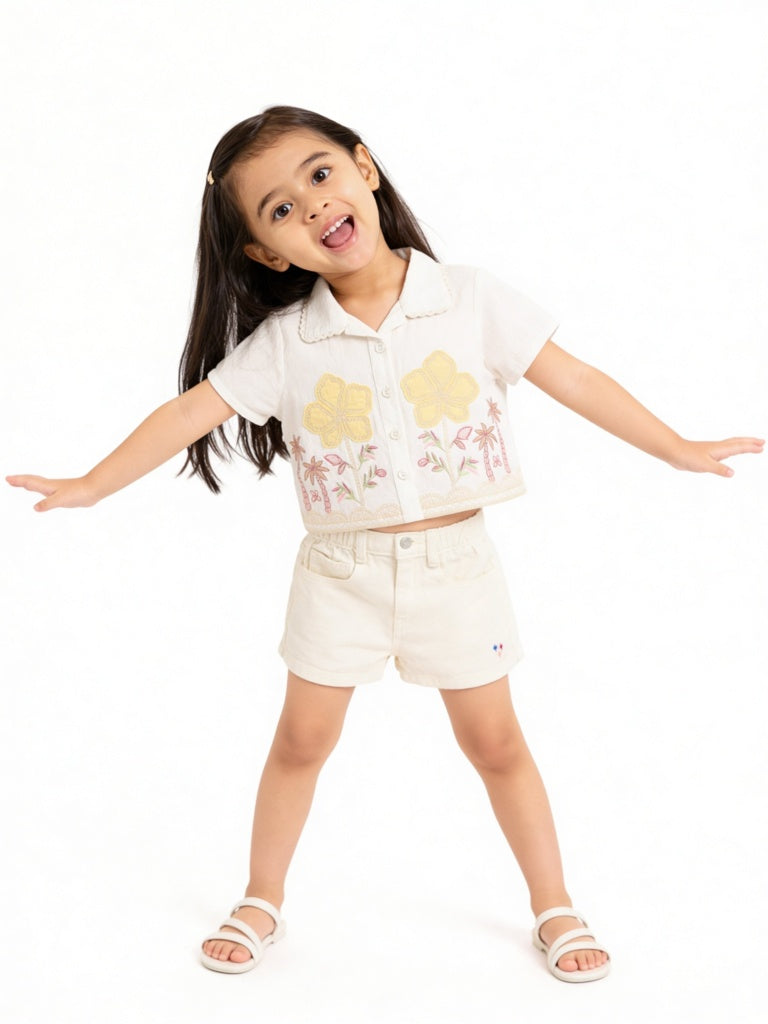 HOP Kids Girls Off-White High-Rise Cotton Shorts