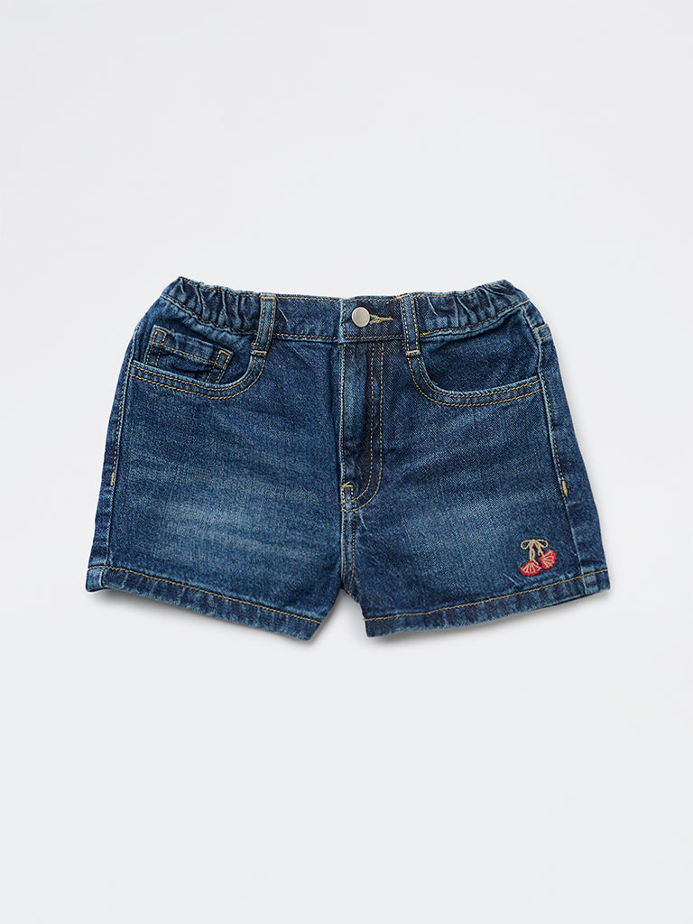 HOP Kids Girls Dark Blue Embroidered High-Rise Denim Shorts