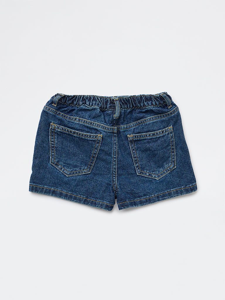 HOP Kids Girls Dark Blue Embroidered High-Rise Denim Shorts