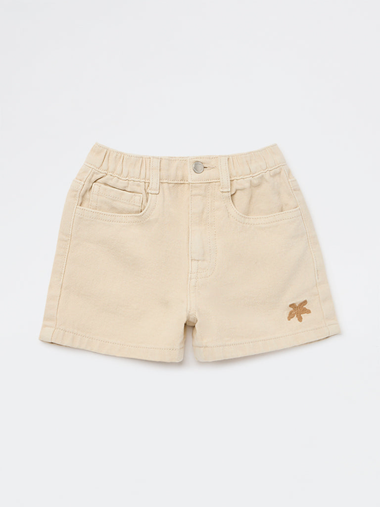 HOP Kids Girls Beige High-Rise Denim Shorts