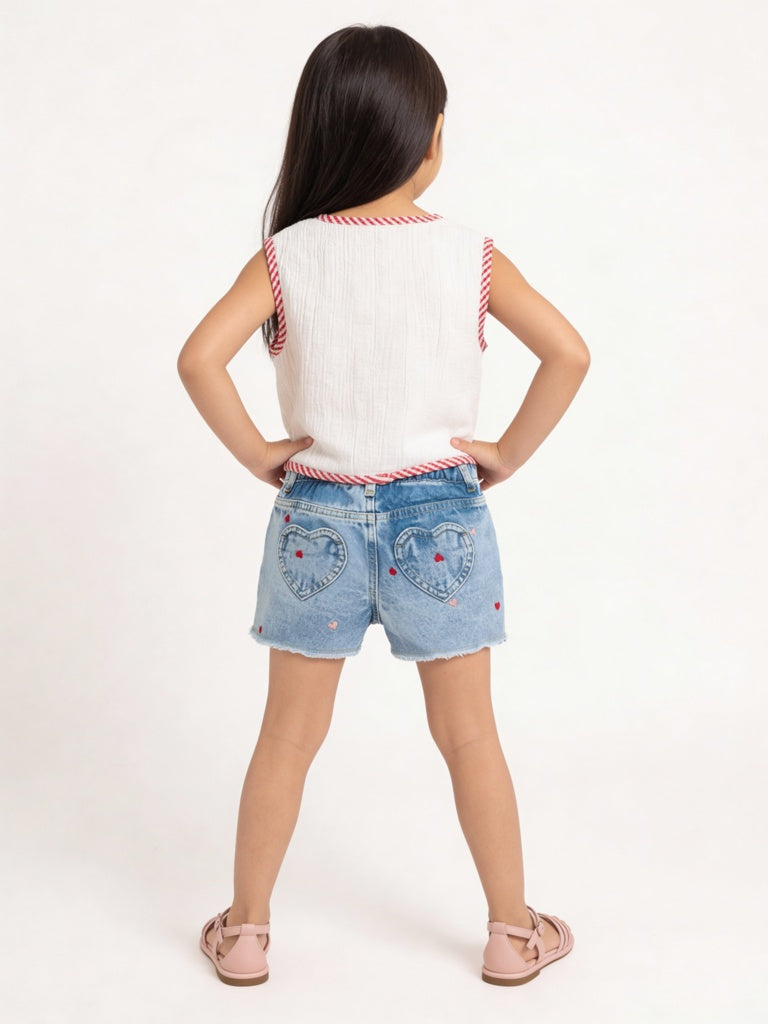 HOP Kids Girls Blue Embroidered High-Rise Denim Shorts
