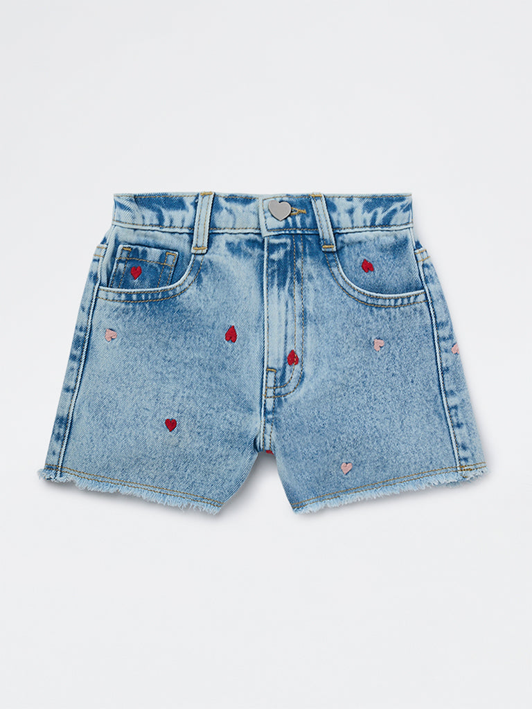 HOP Kids Girls Blue Embroidered High-Rise Denim Shorts