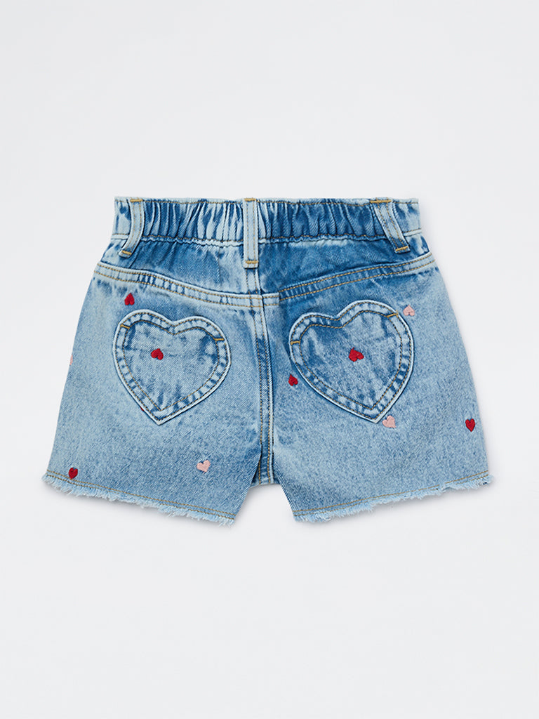 HOP Kids Girls Blue Embroidered High-Rise Denim Shorts