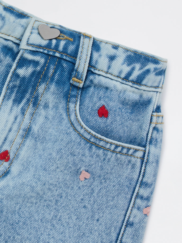 HOP Kids Girls Blue Embroidered High-Rise Denim Shorts
