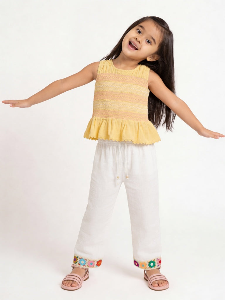 HOP Kids Girls Yellow Embroidered Cotton Top