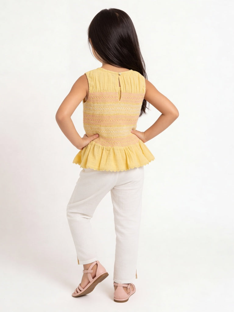 HOP Kids Girls Yellow Embroidered Cotton Top
