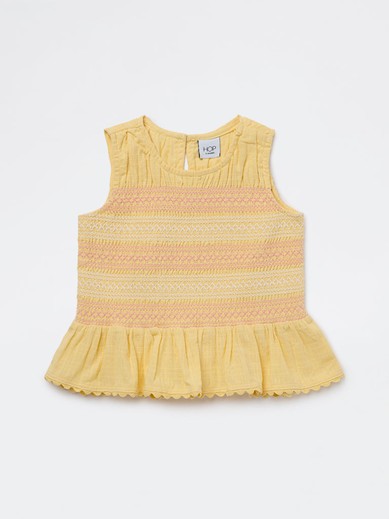 HOP Kids Girls Yellow Embroidered Cotton Top