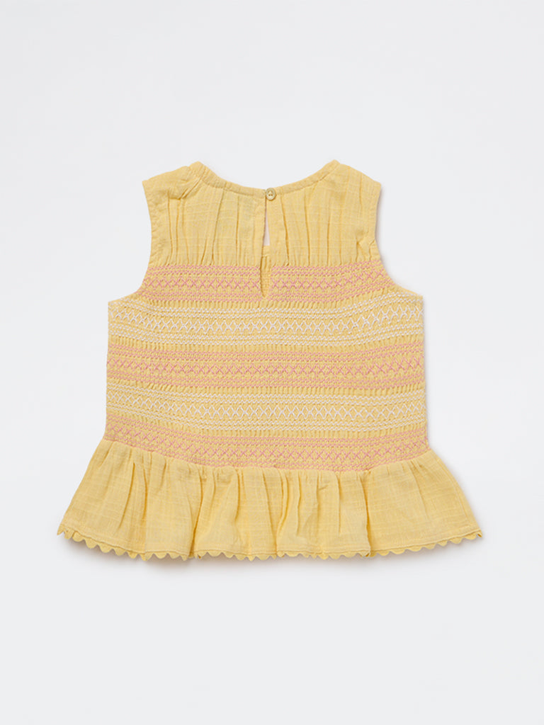 HOP Kids Girls Yellow Embroidered Cotton Top