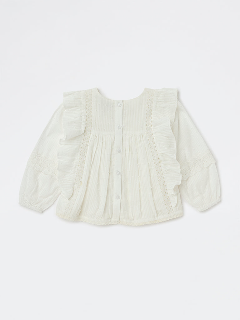 HOP Kids Girls White Floral Embroidered Cotton Top