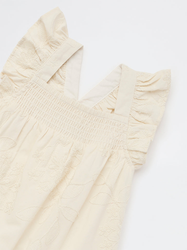 HOP Kids Girls Beige Embroidered A-Line Cotton Dress