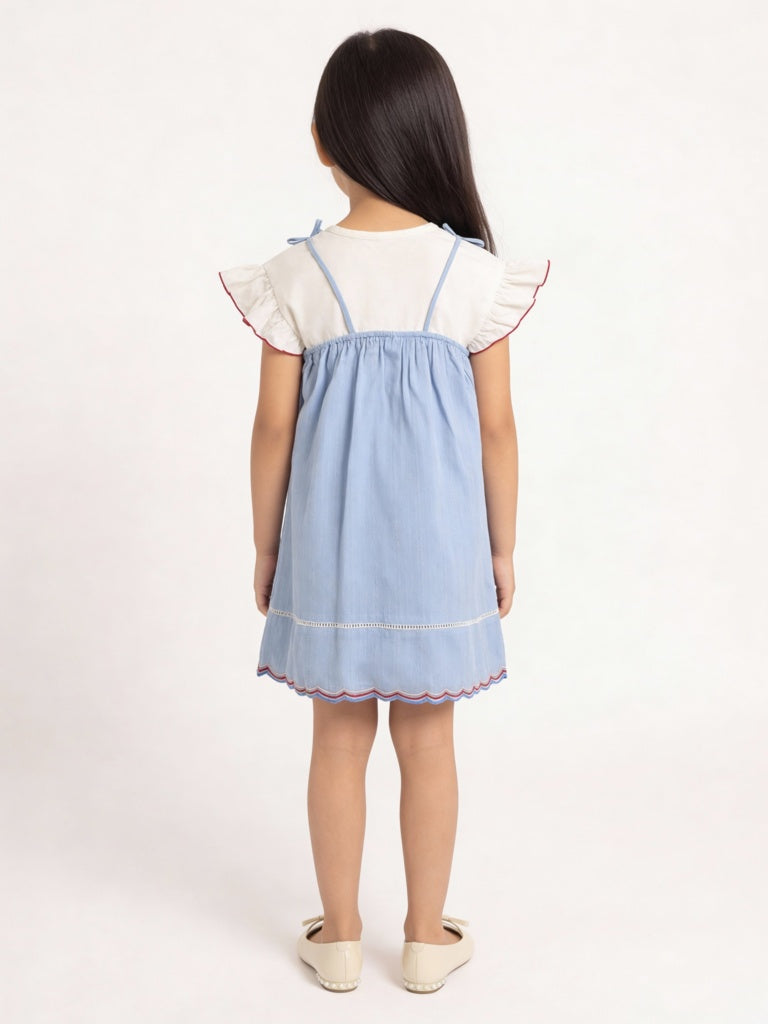 HOP Kids Girls Blue Embroidered Cotton Dress and T-Shirt Set