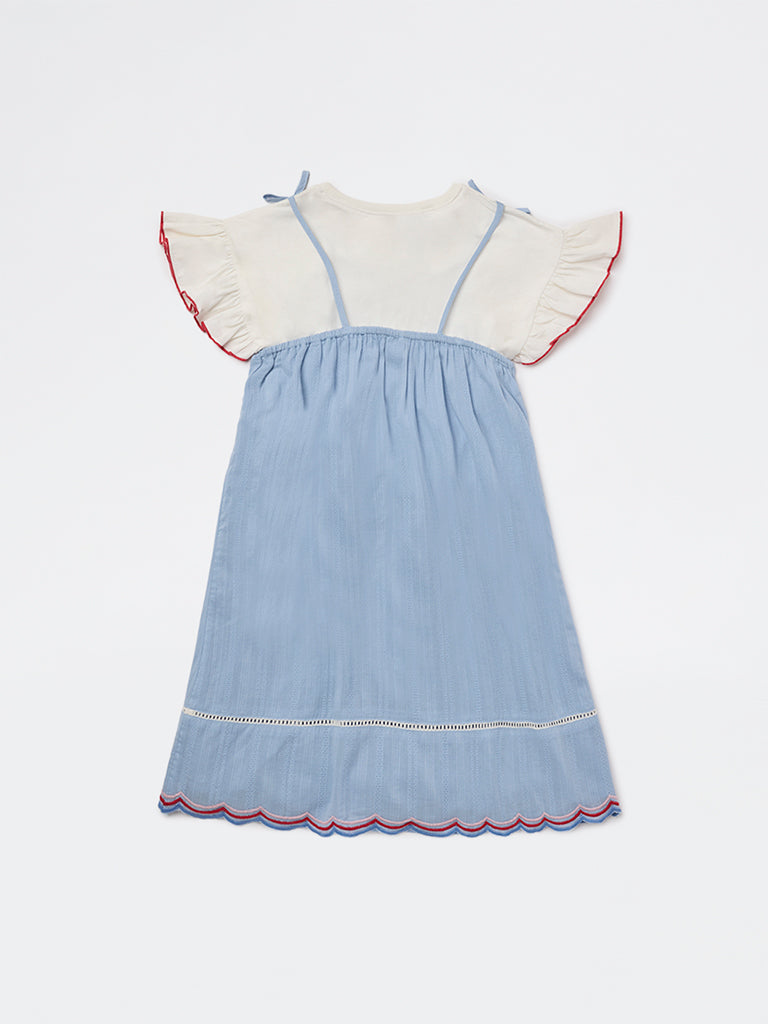 HOP Kids Girls Blue Embroidered Cotton Dress and T-Shirt Set