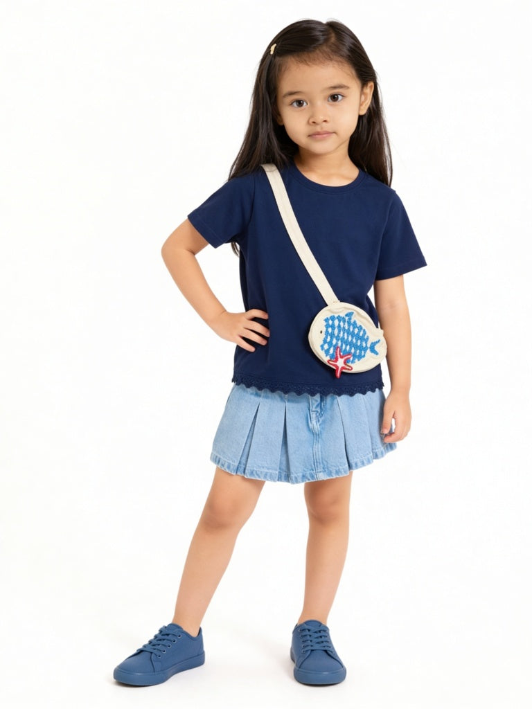 HOP Kids Girls Navy Pouch Detailed Cotton T-Shirt