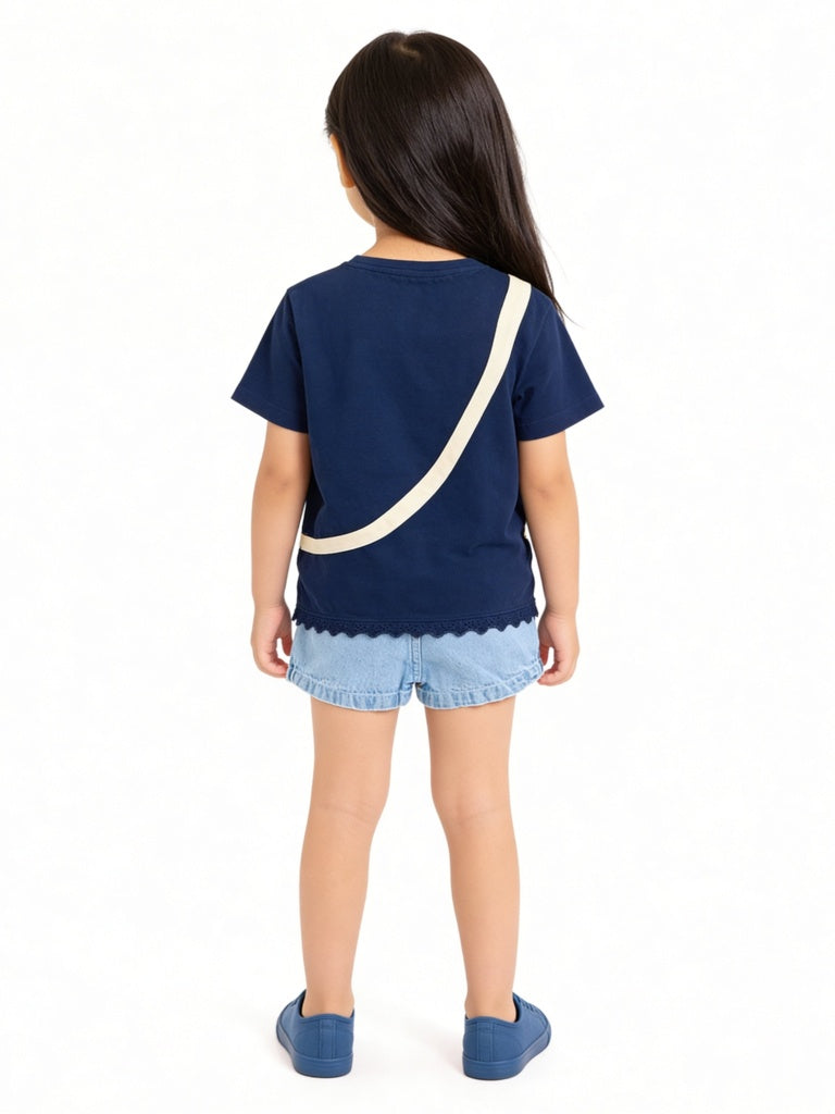 HOP Kids Girls Navy Pouch Detailed Cotton T-Shirt