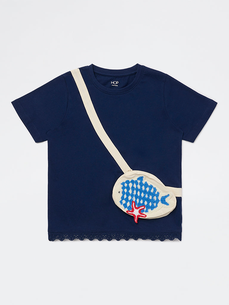 HOP Kids Girls Navy Pouch Detailed Cotton T-Shirt