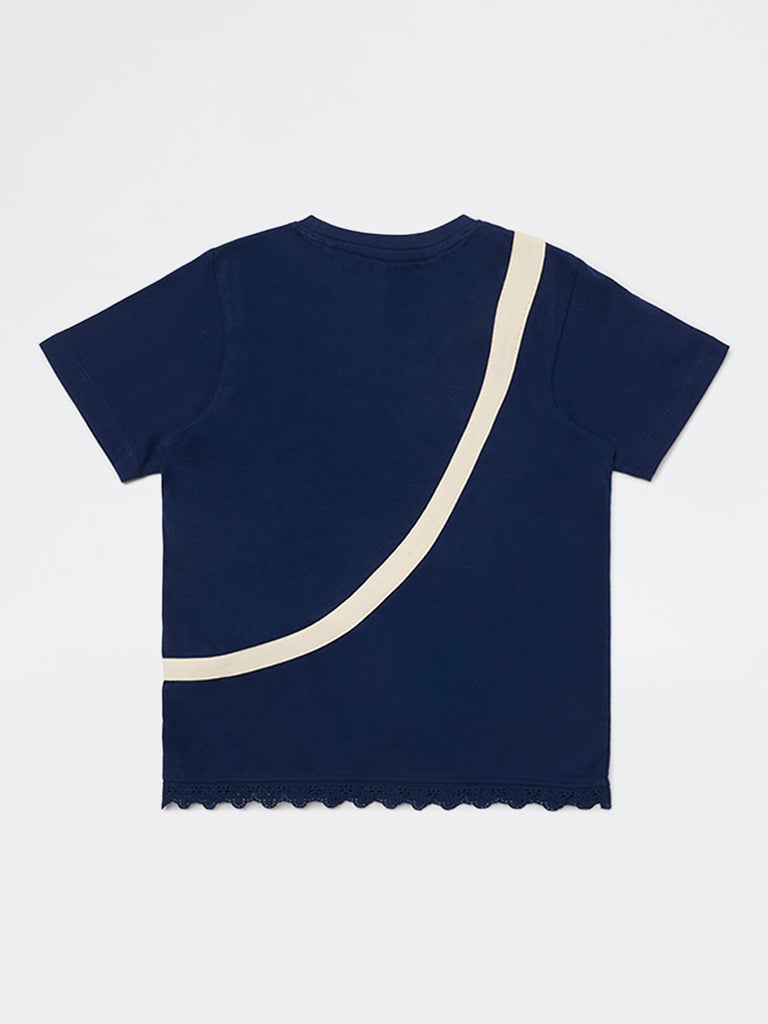 HOP Kids Girls Navy Pouch Detailed Cotton T-Shirt