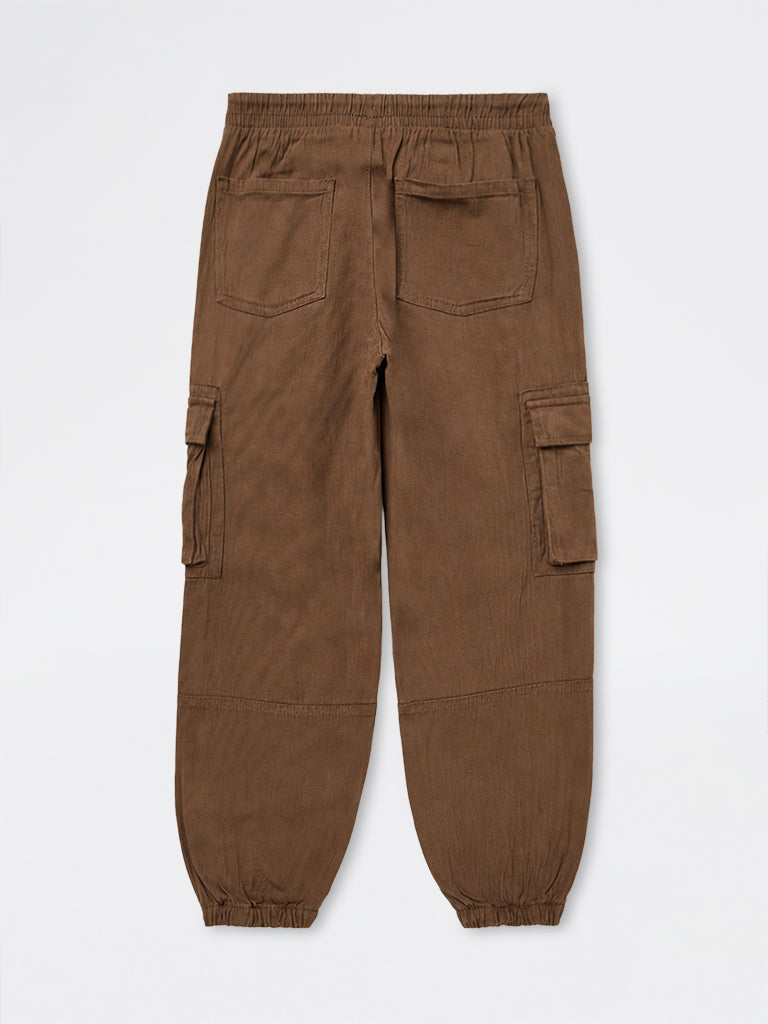 Boys Brown Mid-Rise Cotton-Blend Cargo Joggers