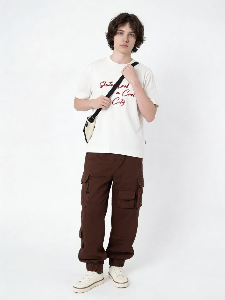 Boys Brown Multi Pocket Cotton-Blend Cargo Pants