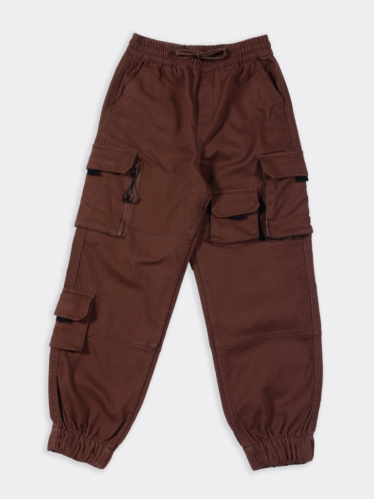 Boys Brown Multi Pocket Cotton-Blend Cargo Pants