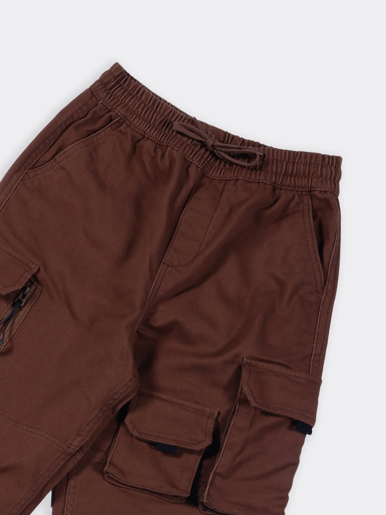 Boys Brown Multi Pocket Cotton-Blend Cargo Pants