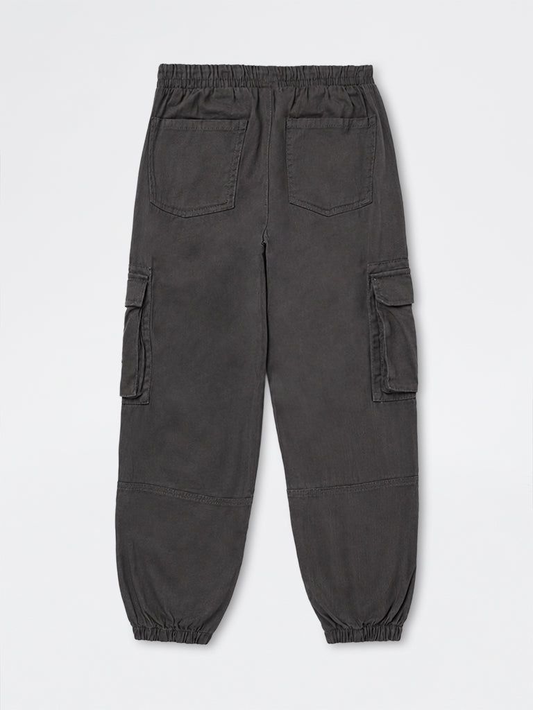 Boys Dark Grey Mid-Rise Cotton-Blend Cargo Joggers
