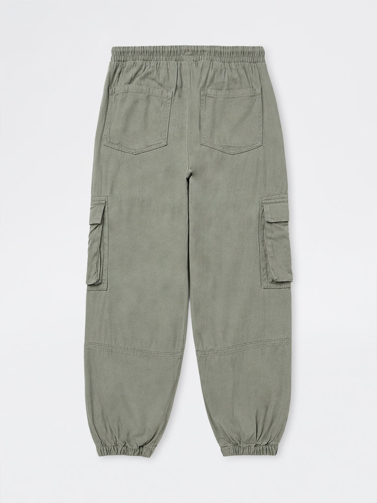 Boys Olive Mid-Rise Cotton-Blend Cargo Joggers