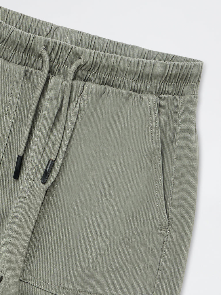 Boys Olive Mid-Rise Cotton-Blend Cargo Joggers