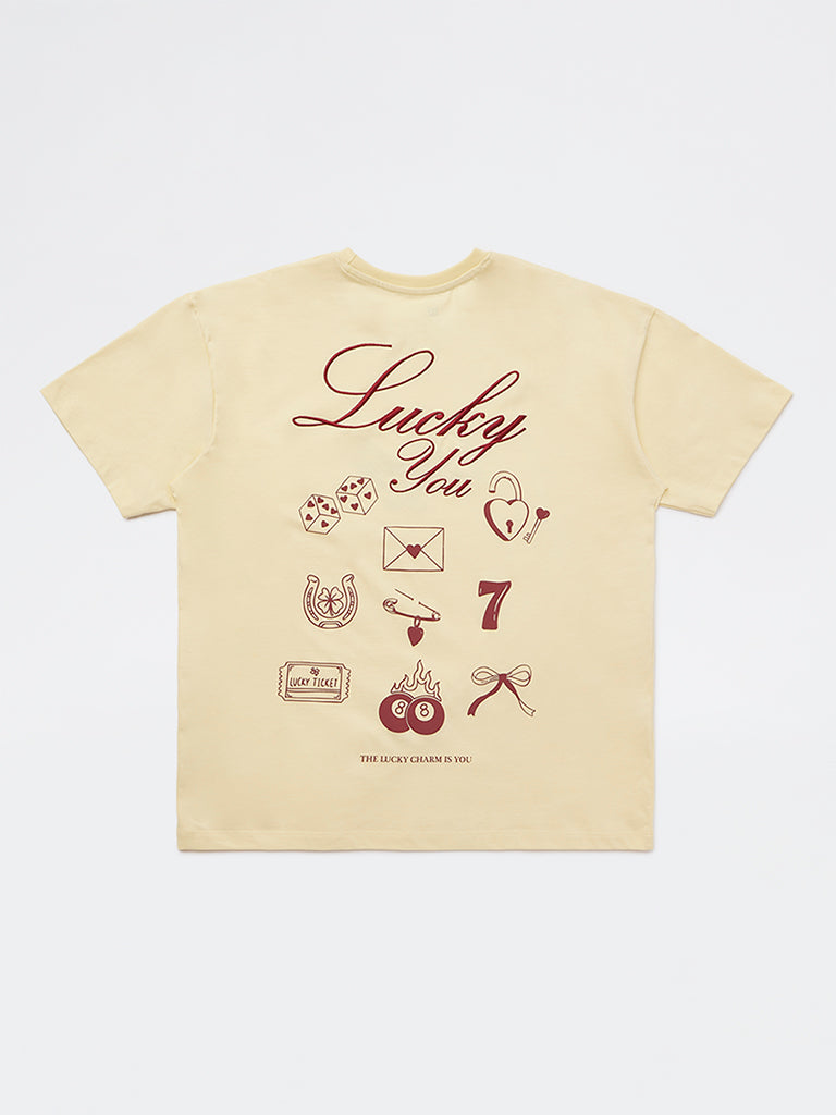 Girls Light Yellow Graphic Design Cotton T-Shirt