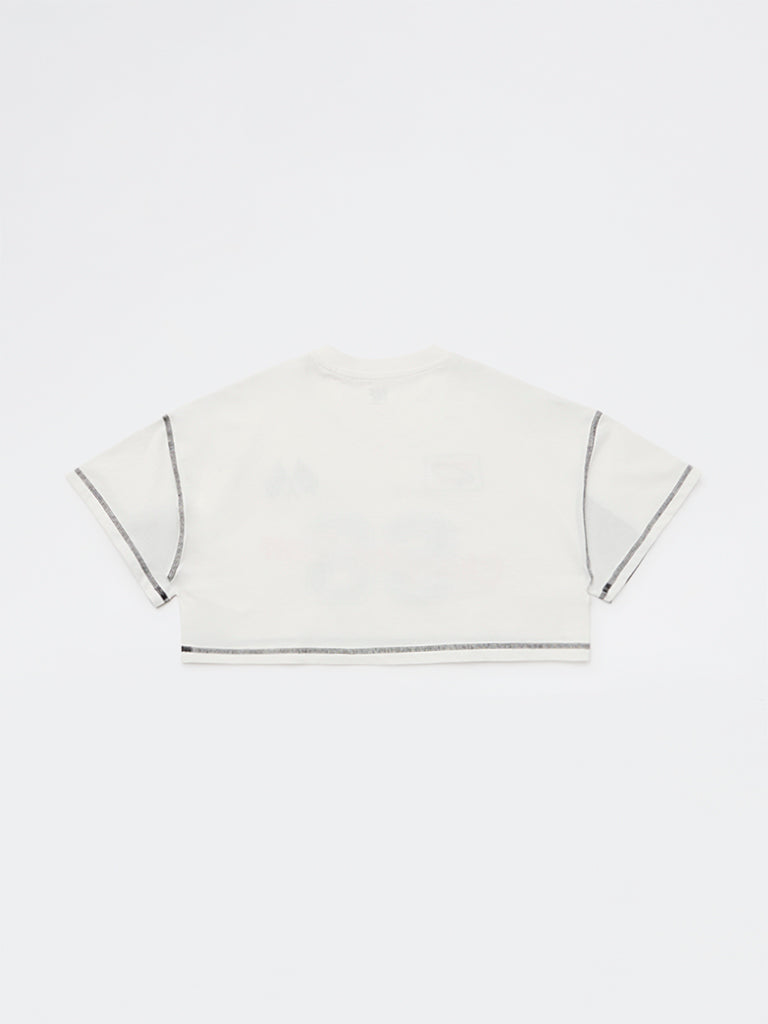Girls White Printed Cotton T-Shirt