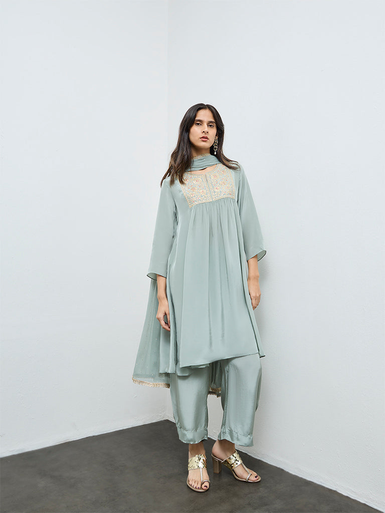 Vark Mint Embroidered A-Line Ethnic Set