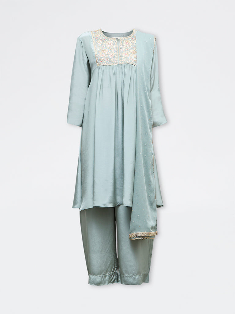 Vark Mint Embroidered A-Line Ethnic Set