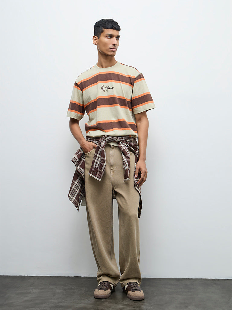 Nuon Beige Striped Relaxed-Fit Cotton T-Shirt