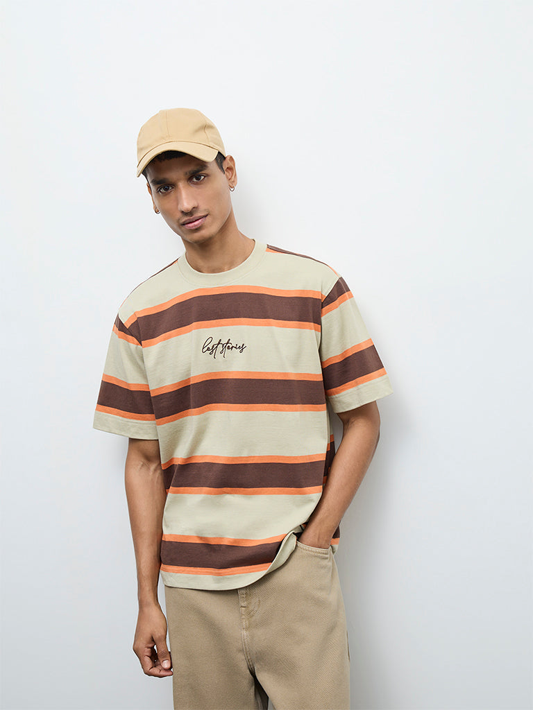 Nuon Beige Striped Relaxed-Fit Cotton T-Shirt