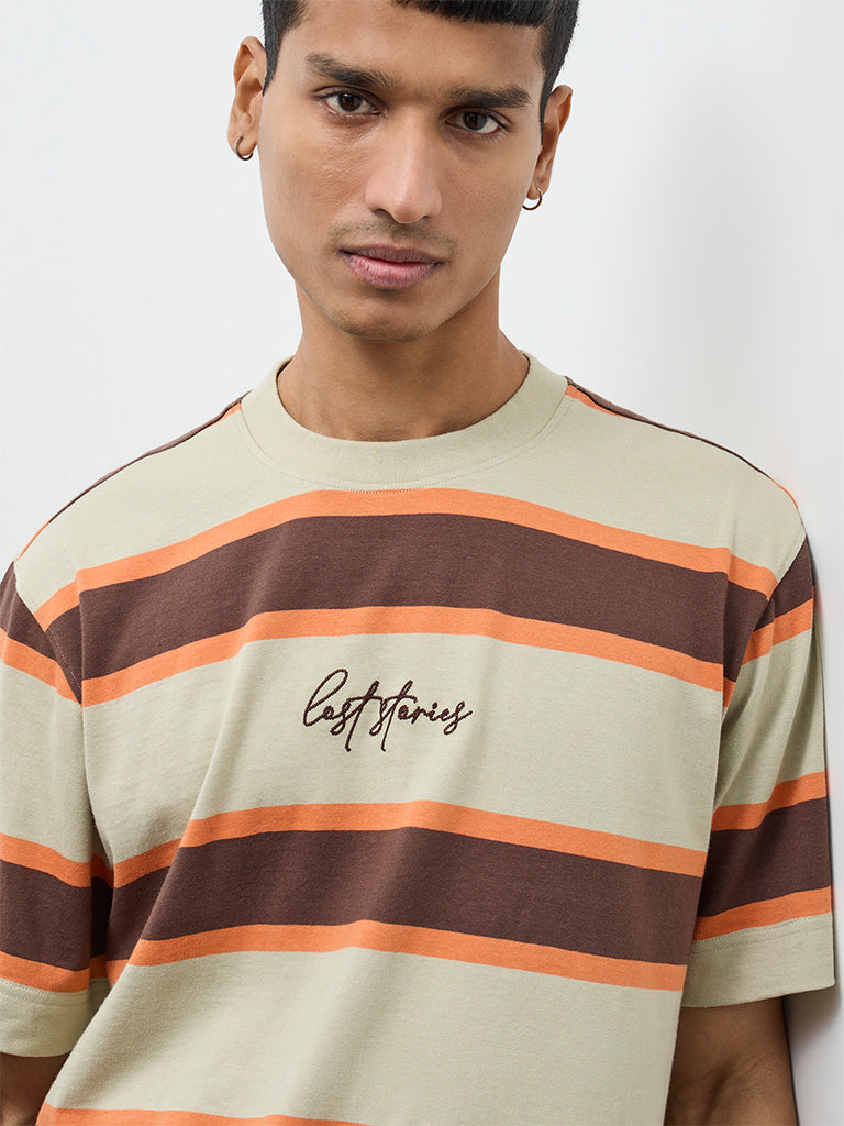 Nuon Beige Striped Relaxed-Fit Cotton T-Shirt