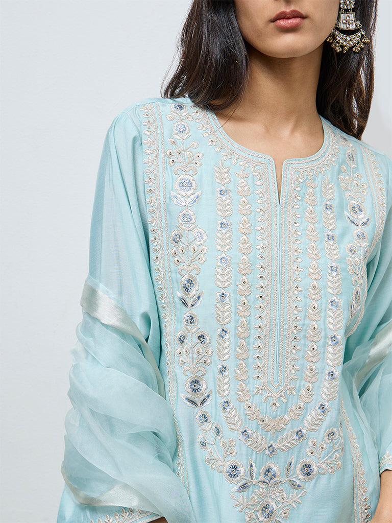 Vark Light Blue Floral Embroidered A-Line Ethnic Set