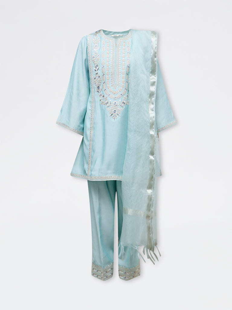 Vark Light Blue Floral Embroidered A-Line Ethnic Set