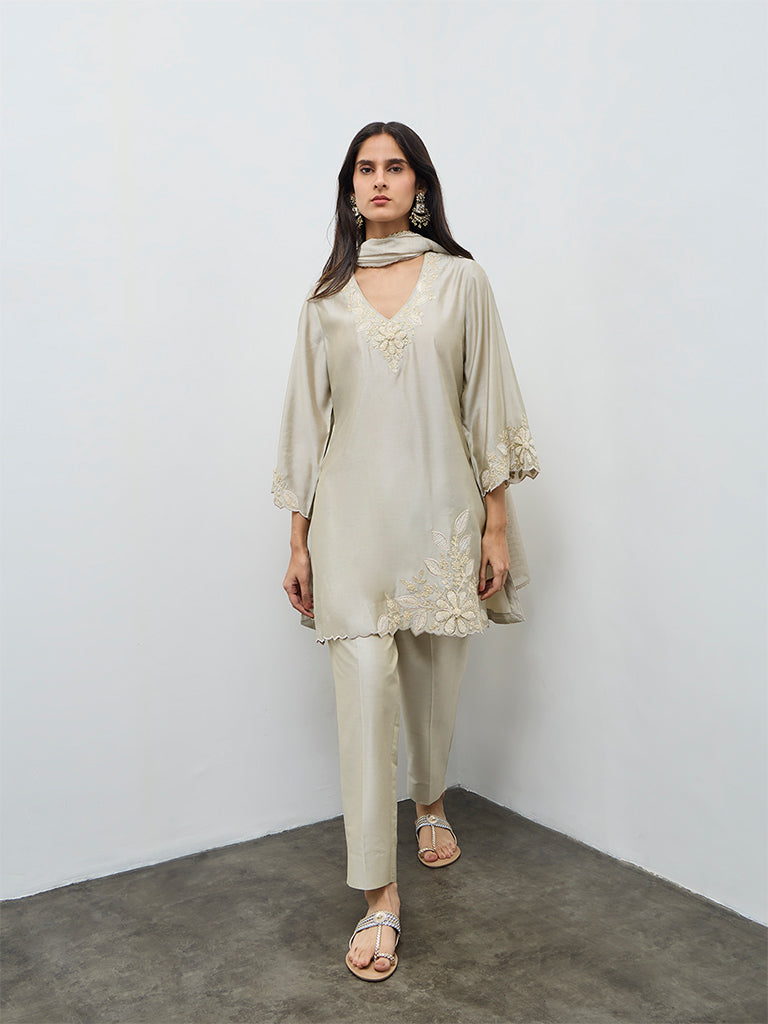 Vark Taupe Floral Embroidered Straight Ethnic Set