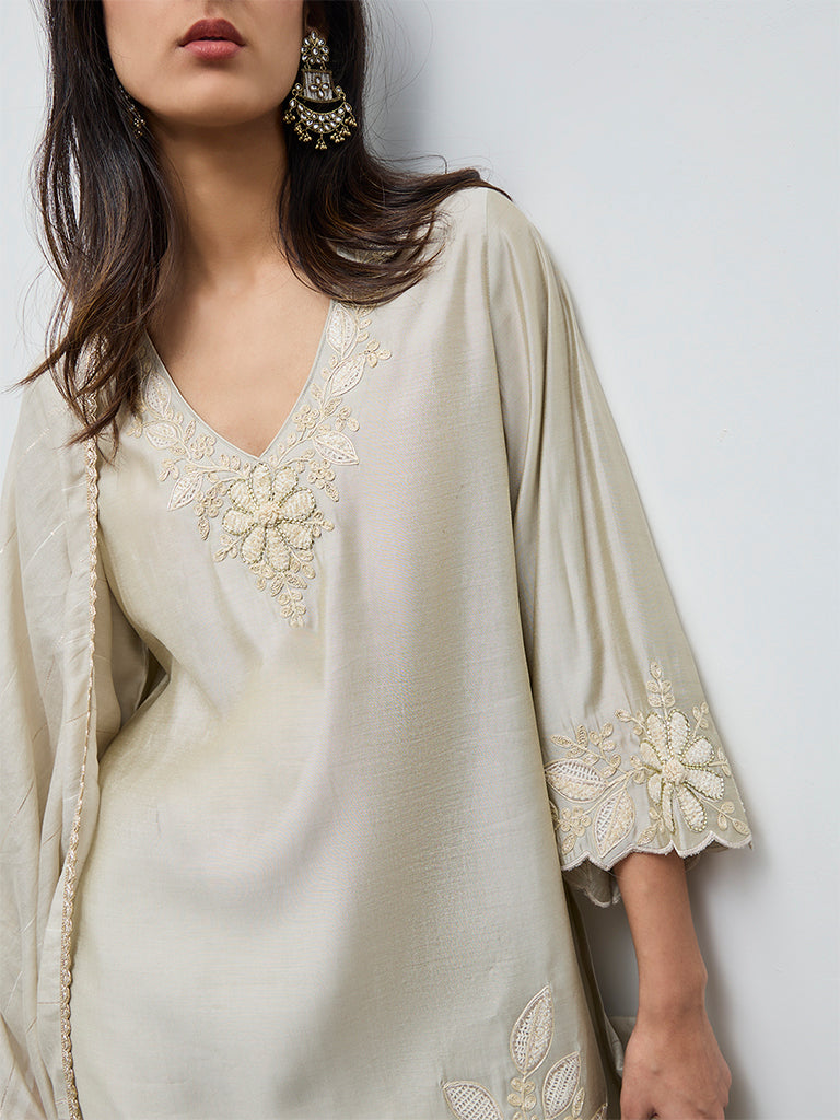 Vark Taupe Floral Embroidered Straight Ethnic Set